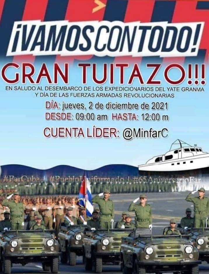 🔊 🇨🇺 Amigos, quién se apunta para mañana.

Gran trabajo 2 de diciembre de 2021. Los espero !!! 🇨🇺📢
#SomosContinuidad #FidelVive #DiazCanel #FarCuba @MinfarC 
#Cuba #DefendiendoCuba #DeZurdaTeam #CubaViveEnSuHistoria #TuiterosDelMundo @RubLpez31424699 @Josefana5 @RaulCastro_Ruz