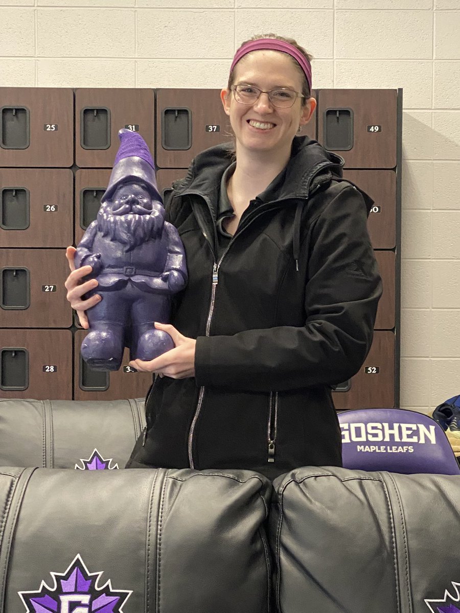 GC_MapleLeafs's tweet photo. Athletic Trainer Emily Osborne received the purple gnome this week! Her continuous hard work to keep the athletes healthy and competing doesn’t go unnoticed. Thank you for all you do for us and the athletes https://t.co/2WQzGAh771