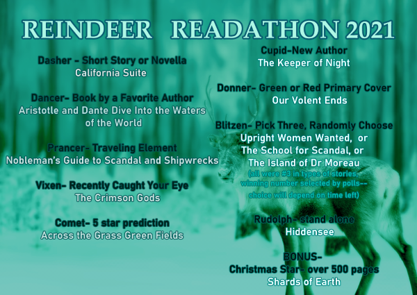 reflectramble's tweet photo. Sooo after a poll closing I finally have my @ReindeerReadat1 TBR... Pretty sure it's impossible considering I also can't start it until I finish my current read since it's a library loan. >__> Oh well. Here goes nothing. go #teammistletoe ! https://t.co/oWGwXEFFFX