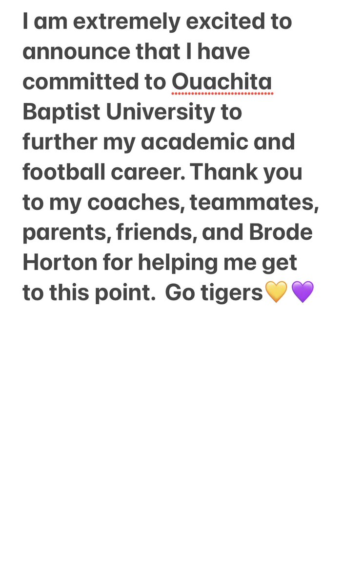 2DylanHorton's tweet photo. I am committing to Ouachita Baptist University!💛💜 @CoachShock_OBU @OuachitaFB @Ouachita @WolfNationFBall https://t.co/RPU2dQyFoN