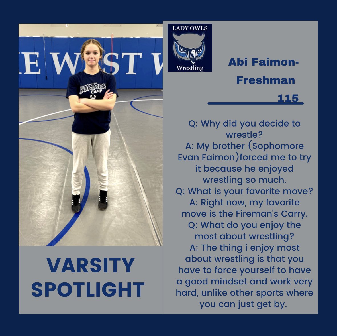 OWGirlWrestling's tweet photo. Next up is 115 pounder freshman Abi Faimon. Abi is one of three Lady Owls either have an older brother or have had an older brother on the boys team. https://t.co/1KuwW7Nz2K