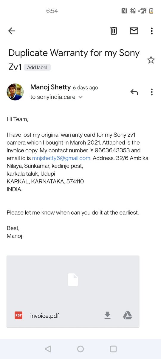 manojshetty92's tweet photo. @sony_india - Such bad customer experience. Have been chasing your customer support team for a week to get a copy of warranty card for my Sony ZV1. How long should I wait for this? #patheticcustomersupport #sonyelectronics https://t.co/My3N1GAvB8