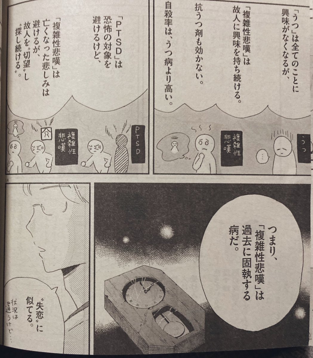 発売中の月刊!スピリッツに、「こころのナース夜野さん」が載ってます。
大切な人が亡くなったあといつまでも悲しみから抜け出せない状態=複雑性悲嘆の話の前編です。

よろしくお願いします🙇‍♀️ 