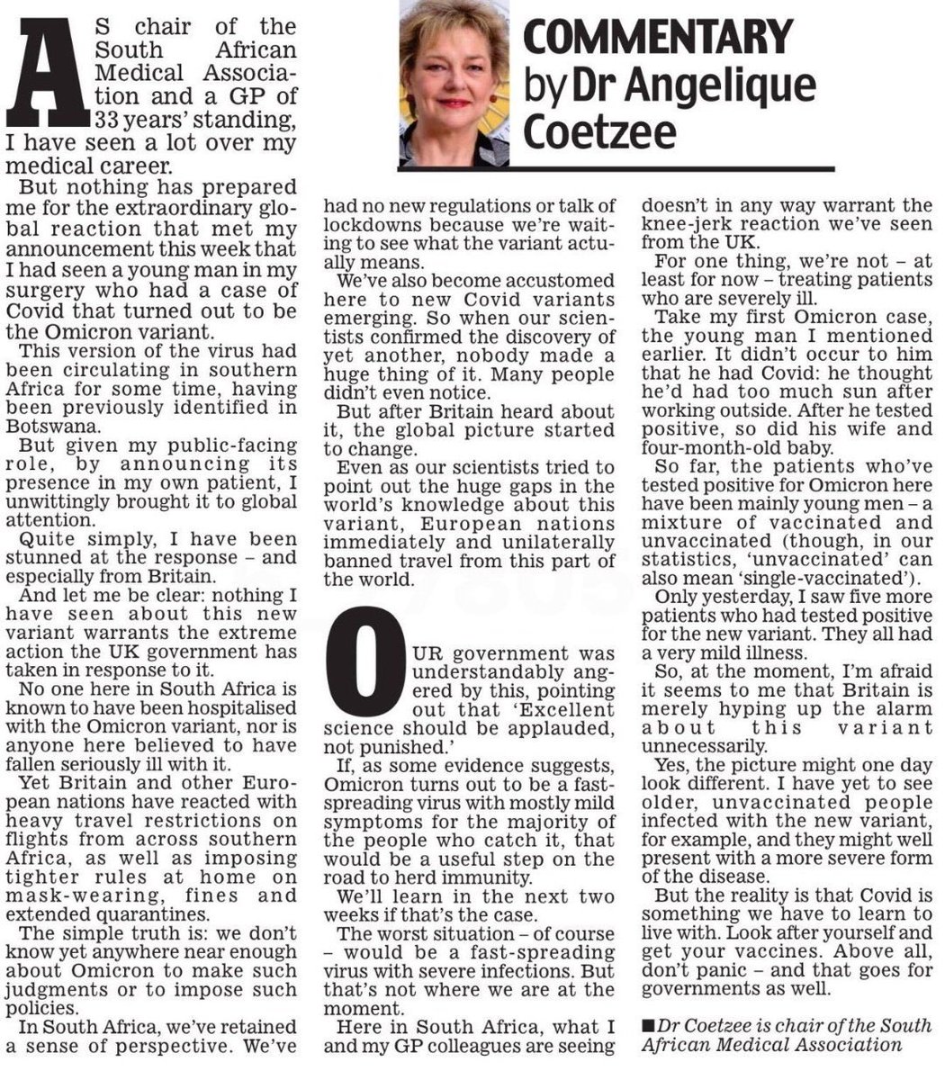 South African Doctor who discovered Omicron virus says the world has gone absolutely bonkers.

"Nothing I have seen about this new variant warrants the extreme action the UK Government has taken in response to it. No one in South Africa is hospitalized."