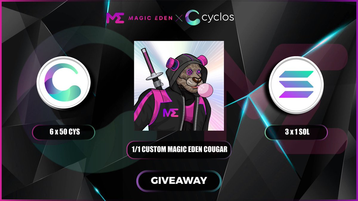 MagicEden's tweet image. To celebrate the upcoming mint event + listing of @cougarclique. we’ll be giving away:

- 1 custom Magic Eden Cougar
- 6 x 50 $CYS
- 3 x 1 $SOL

For your chance to win:

Like + RT then click here to enter: cougars.cyclos.io/giveaway-magic…

Join Discord: discord.gg/wykqwuMBDN