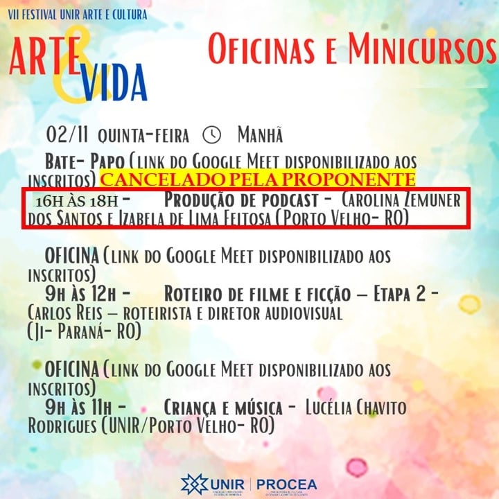 ProceaUnir's tweet photo. Atenção! Oficinas gratuitas e online com inscrições abertas até 29/11. Conheça e compartilhe a programação do VII Festival UNIR Arte e Cultura. 

Acesse https://t.co/Bl7t68yFPd! https://t.co/FNjJJ5WYos