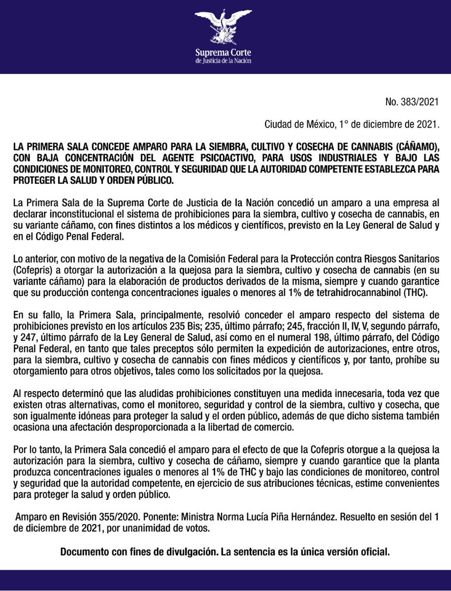 SCJN's tweet photo. #ComunicadoSCJN

La #PrimeraSala concede amparo para la producción de cáñamo con fines industriales en concentraciones limitadas y bajo las condiciones de monitoreo, control y seguridad que la autoridad establezca para proteger la salud y el orden público.
https://t.co/2YIz3KSoMZ https://t.co/emT1VjrjJ3