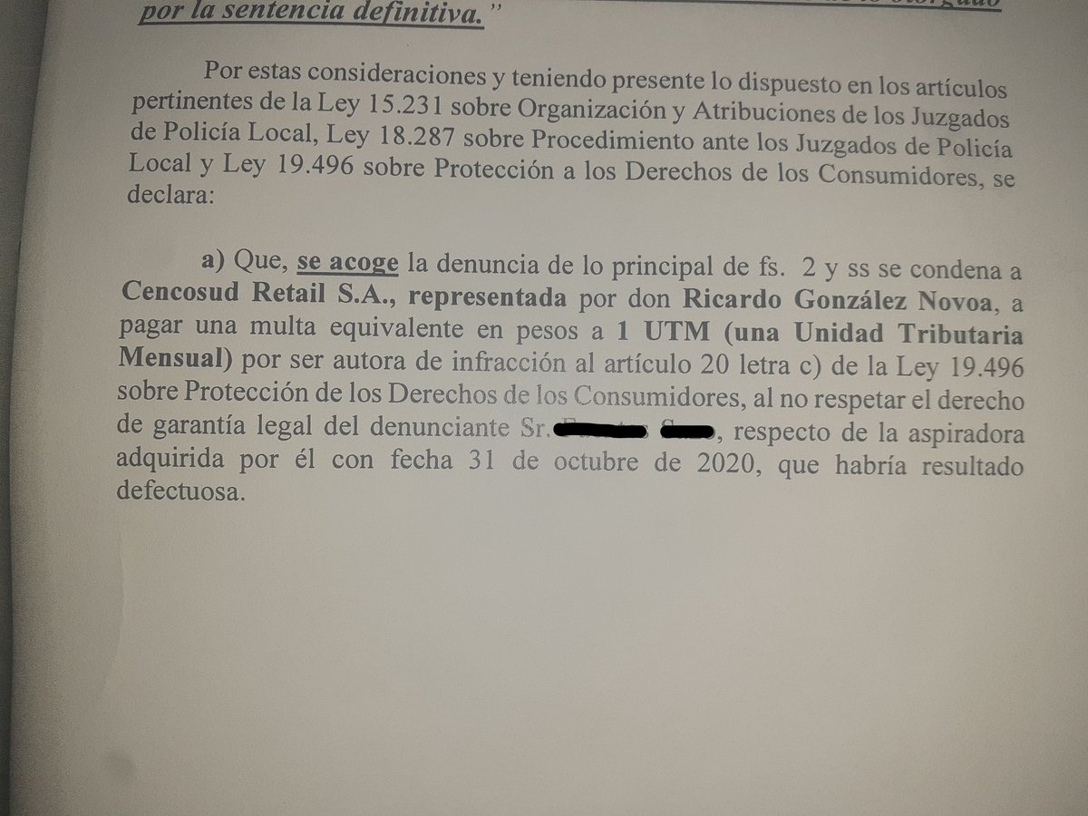 def_consumidore's tweet photo. Triunfo en el J.P.L. de Las Condes. Cliente compró aspiradora y salió defectuosa. Demandó y ganó contra Cencosud. La empresa no quiso respetar la garantía legal y por tanto fue condenada a multa y a pagar indemnización. 
(Cliente nos pidió respetar su privacidad) https://t.co/oGFq4lhP9C