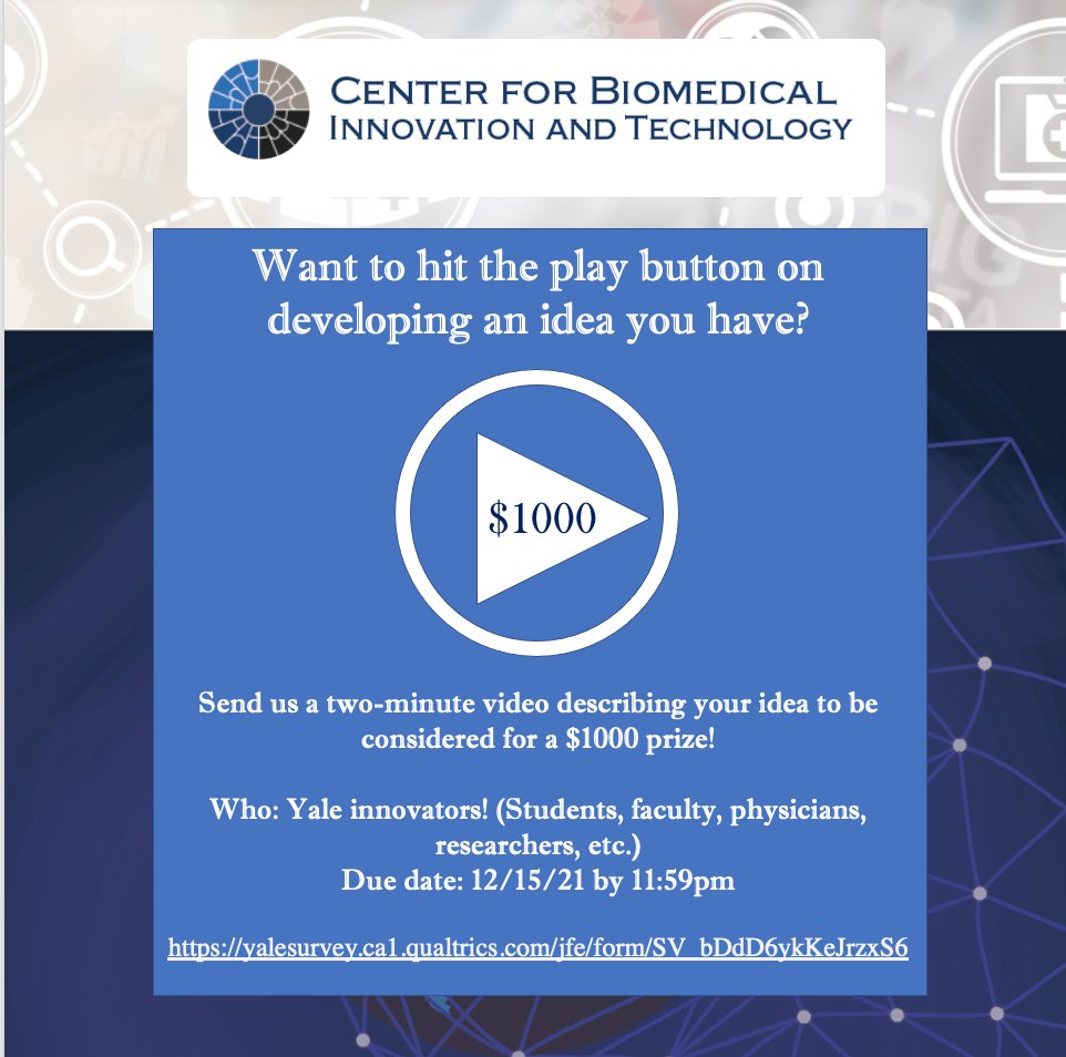 Want to hit the play button on developing an idea you have? Send us a two-minute video describing your idea to be considered for a $1000 prize! 

Apply here: yalesurvey.ca1.qualtrics.com/.../SV_bDdD6yk…