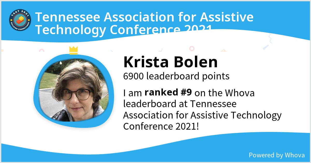 I ranked #9 on the Whova leaderboard at Tennessee Association for Assistive Technology Conference 2021! #TAAT2021 - via #Whova event app