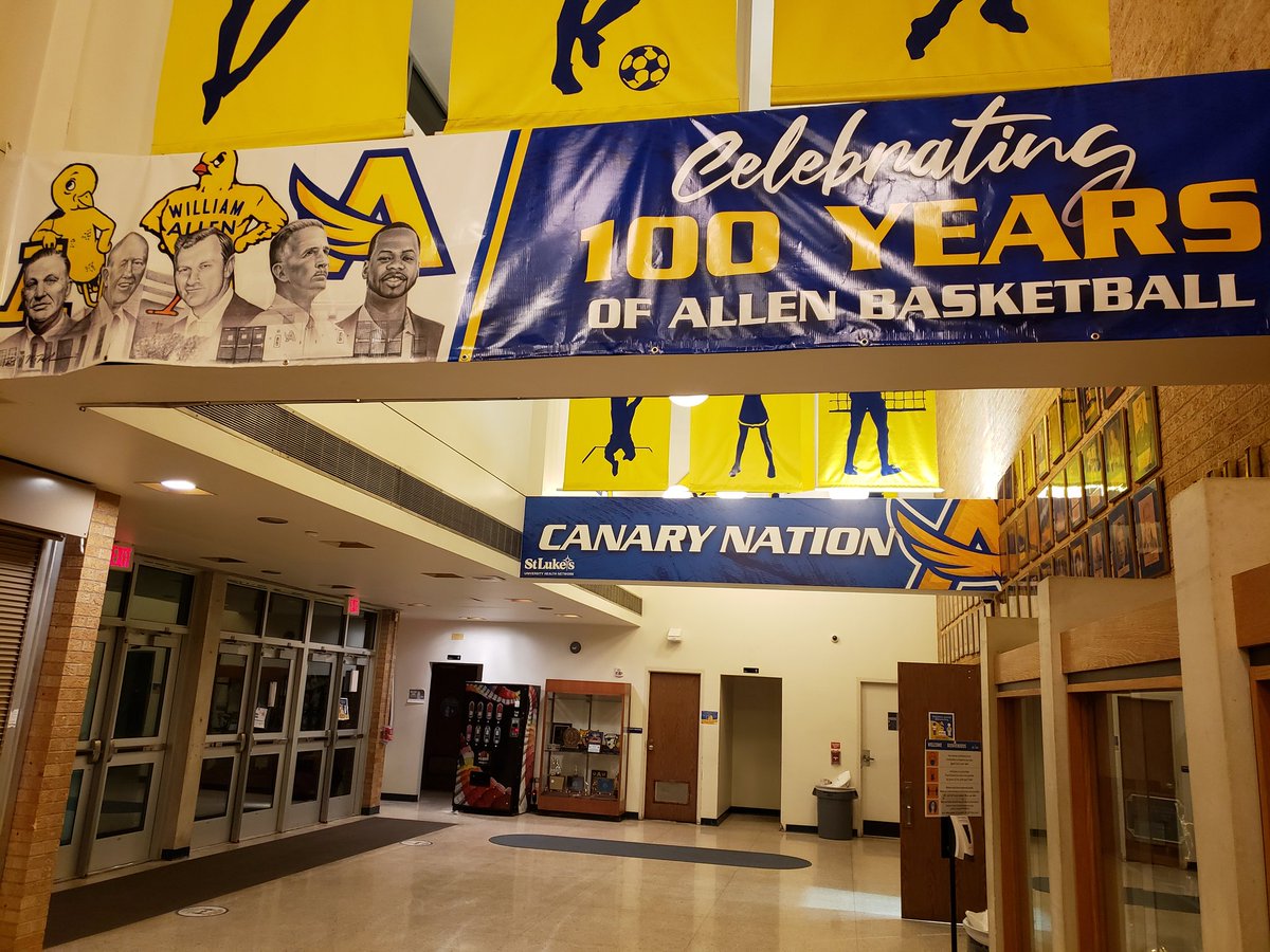 CanaryAthletics's tweet photo. Always looking to improve what our facilities look/feel like for our kids/community.  100 Years of Allen Basketball! Thank you to ProjectPrinted for a fantastic print/sign job.  Here is a sneak peak.  Get out this Winter to see it and cheer on the Canaries.  #CanaryNation 🐥 https://t.co/4aWY8Xb8Zz