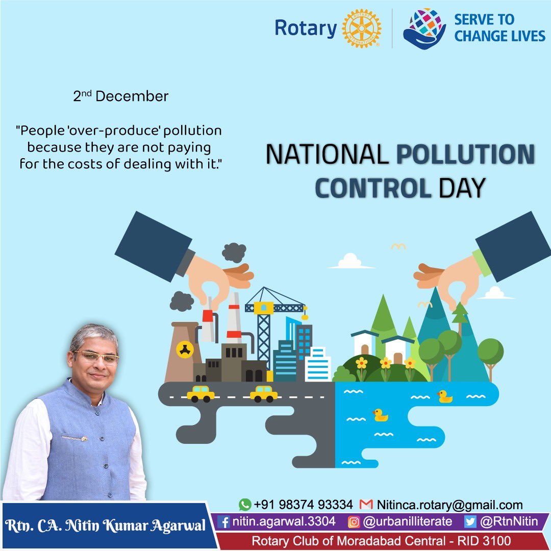 Let’s play our part diligently in making India a pollution free country!

#PollutionControlDay #Awareness #GreenIndia #Pollution #emissions #carbonfootprint #rotary #rotaryindia #rotarian #peopleofaction #rcmc #rid3100 #Moradabad #RotaryCentral #ServeToChangeLives