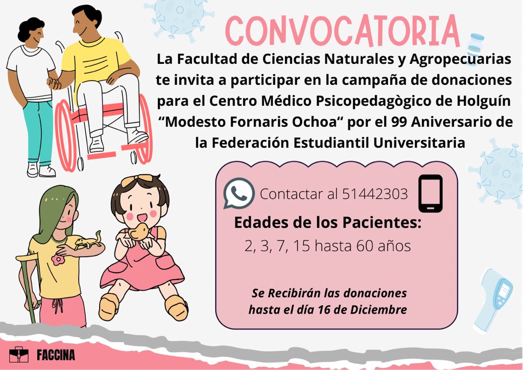 FEUdelaUHo's tweet photo. La Facultad de Ciencias Naturales y Agropecuarias los invita a participar en las donaciones para el Centro Médico “Modesto Fornaris Ochoa” 

#SomosUHo
#CubaVive
#OrgulloFEU https://t.co/KEeusKDLXH
