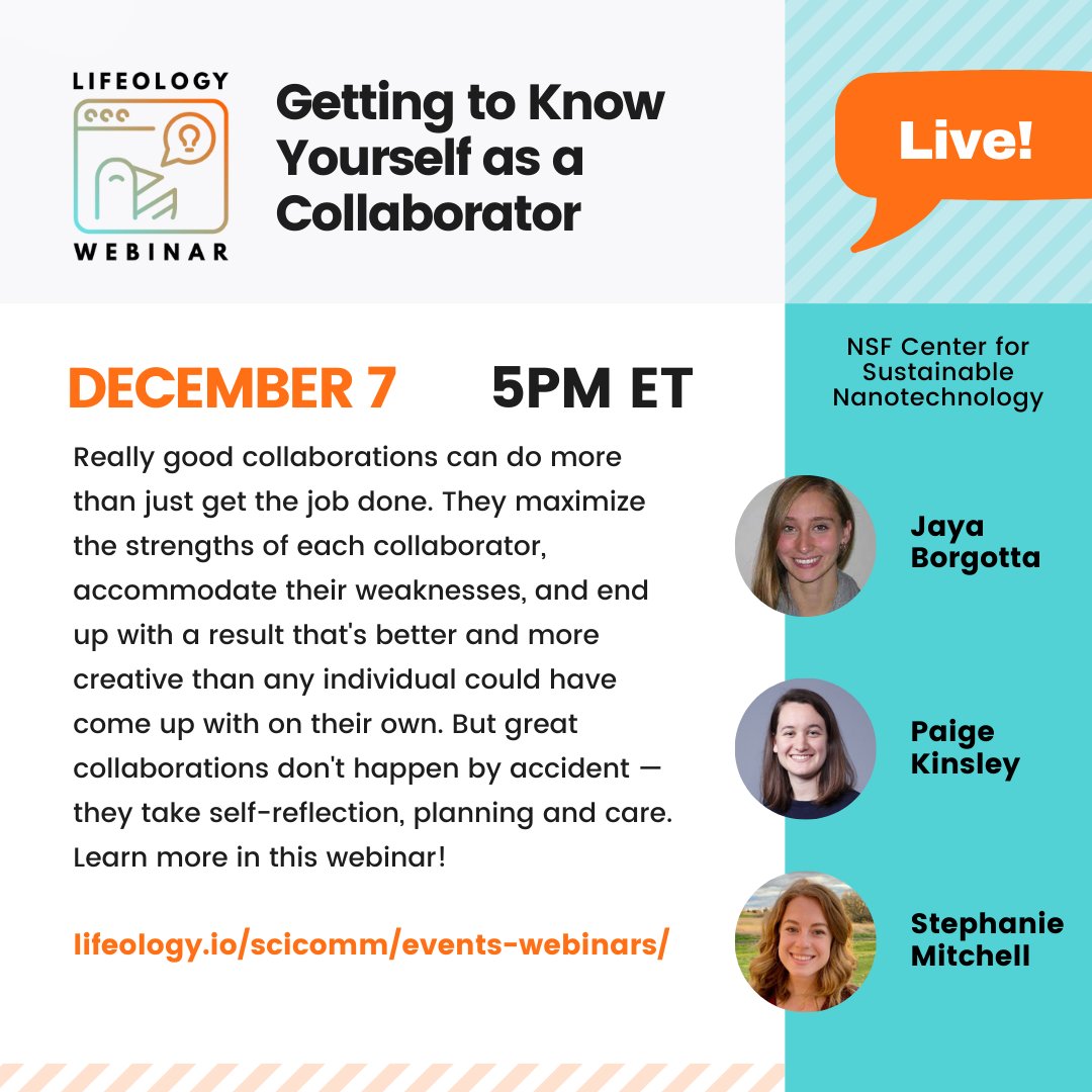 LifeologyApp's tweet photo. #SciComm webinar alert! Why is collaboration important and valuable? What can be challenging in a collaboration? Learn more at "Getting to Know Yourself as a Collaborator." @SustainableNano 

It's free, and you can register now: https://t.co/vwNmA9h4cY https://t.co/rvRxvrOZiA