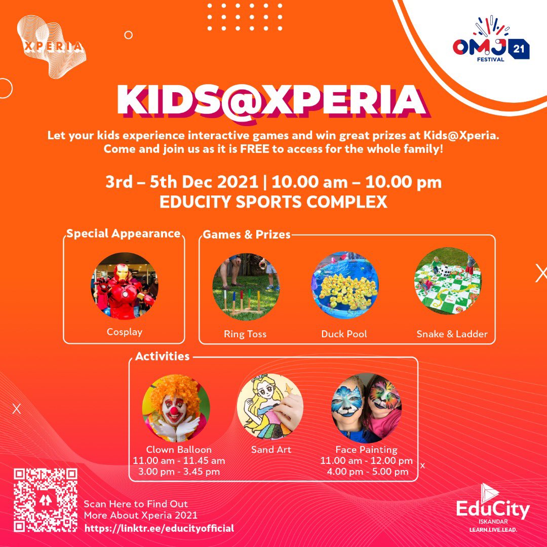 educityofficial's tweet photo. Your kids are not left behind at Xperia 2021. Bring your whole family to EduCity Sports Complex and let your kids experience interactive games and activities. Stand a chance to win great prizes at Kids@Xperia.
Come &amp; join us as all the games and activities are FREE!
#xperia2021 https://t.co/RjbxcNVcAh