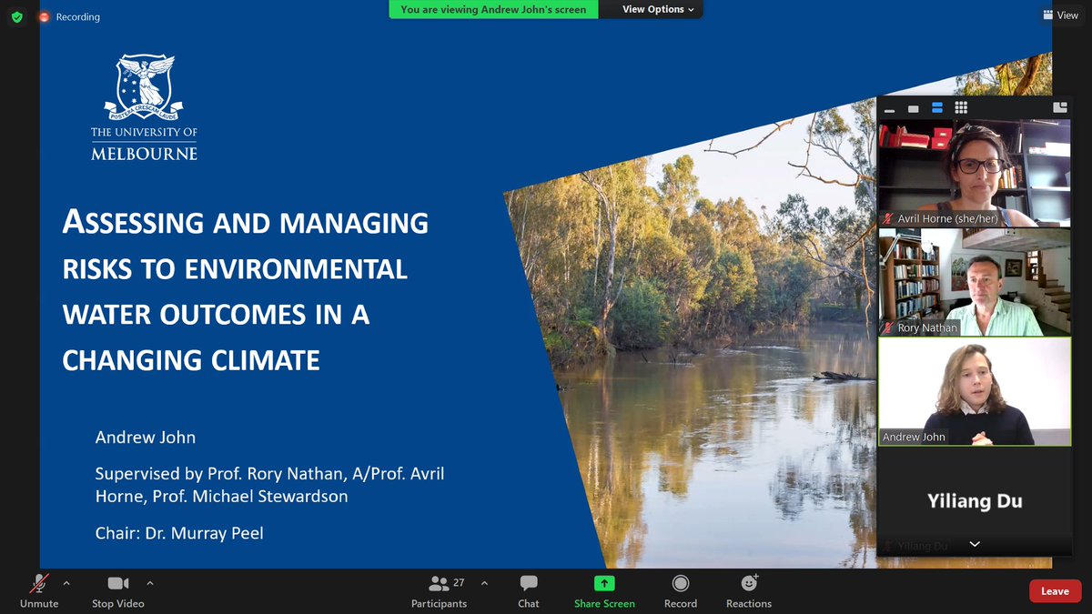 Andrew John delivering his completion seminar and an overview of 4 years of work advancing methods to assess risks to environmental outcomes from climate change. #Uom_water