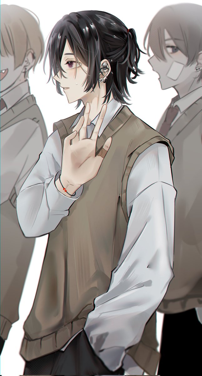 male focus black hair multiple boys bandaid jewelry sweater vest earrings  illustration images