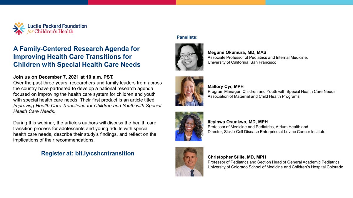 Health care transitions from pediatric to adult health care remain a challenge for CSHCN, their families, and their clinicians. Join us December 7 at 10 am to learn about current  transition research and recommendations for future investigation. lnkd.in/g3-gA-sc