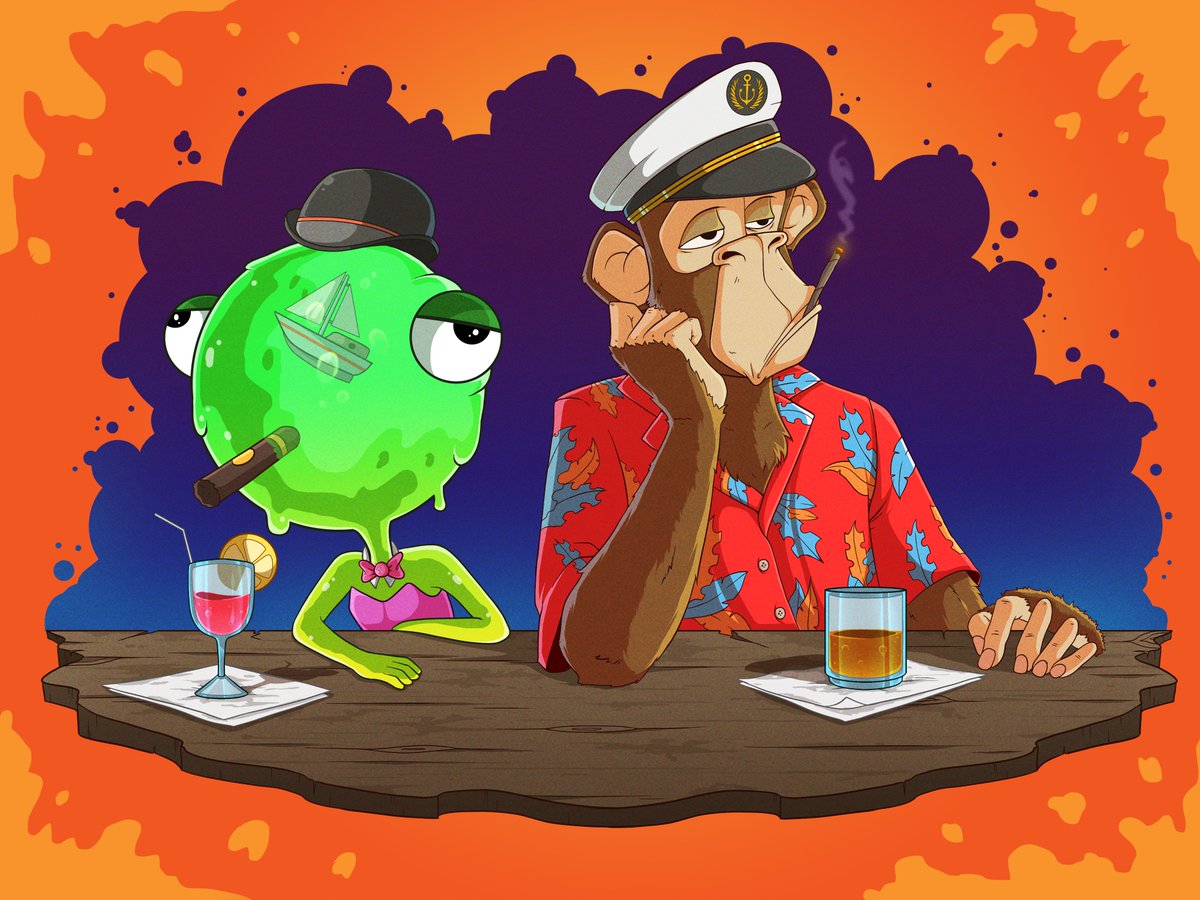 SneakyBroArt's tweet photo. Just two bored dudes at a bar. @BoredApeYC @GoobersNFT https://t.co/SVCCBledCk