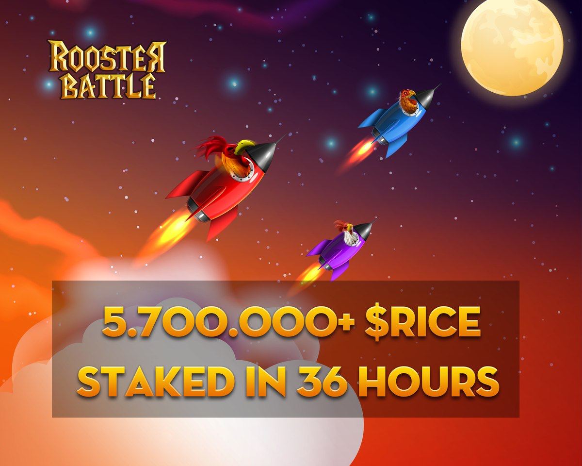 RoosterBattle's tweet photo. 5.7M+ $RICE STAKED IN 36 HOURS!!! 🔥
Be a diamond hand and earn your profit! We will go to the moon soon 🔥
Official Staking link: https://t.co/tW87NmInzL
#RoosterBattle #NFTCockFightingGame #Playtoearn #NFTGame $RICE #RICE https://t.co/ptARpBf9Yz