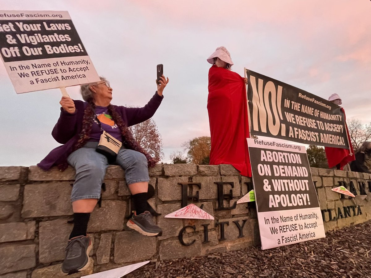 refusefascatl's tweet photo. Scene from #Atlanta today @RefuseFascismATL protest as #SCOTUS Hears Case Attacking #RoeVWade 
Abortion on Demand &amp; Without Apology!

@refusefascism
@therevcoms
#strikeforchoice @strikeforchoice 
#abortionrights
#roevwade 
#abortionisessential 
#abortionishealthcare 
#scotus https://t.co/hK6gc8iAzB