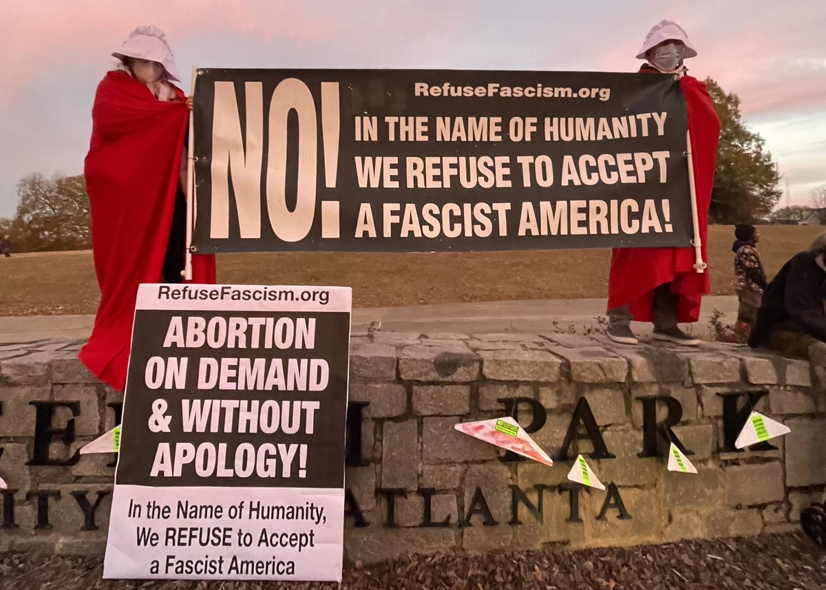 refusefascatl's tweet photo. Scene from #Atlanta today @RefuseFascismATL protest as #SCOTUS Hears Case Attacking #RoeVWade 
Abortion on Demand &amp; Without Apology!

@refusefascism
@therevcoms
#strikeforchoice @strikeforchoice 
#abortionrights
#roevwade 
#abortionisessential 
#abortionishealthcare 
#scotus https://t.co/hK6gc8iAzB
