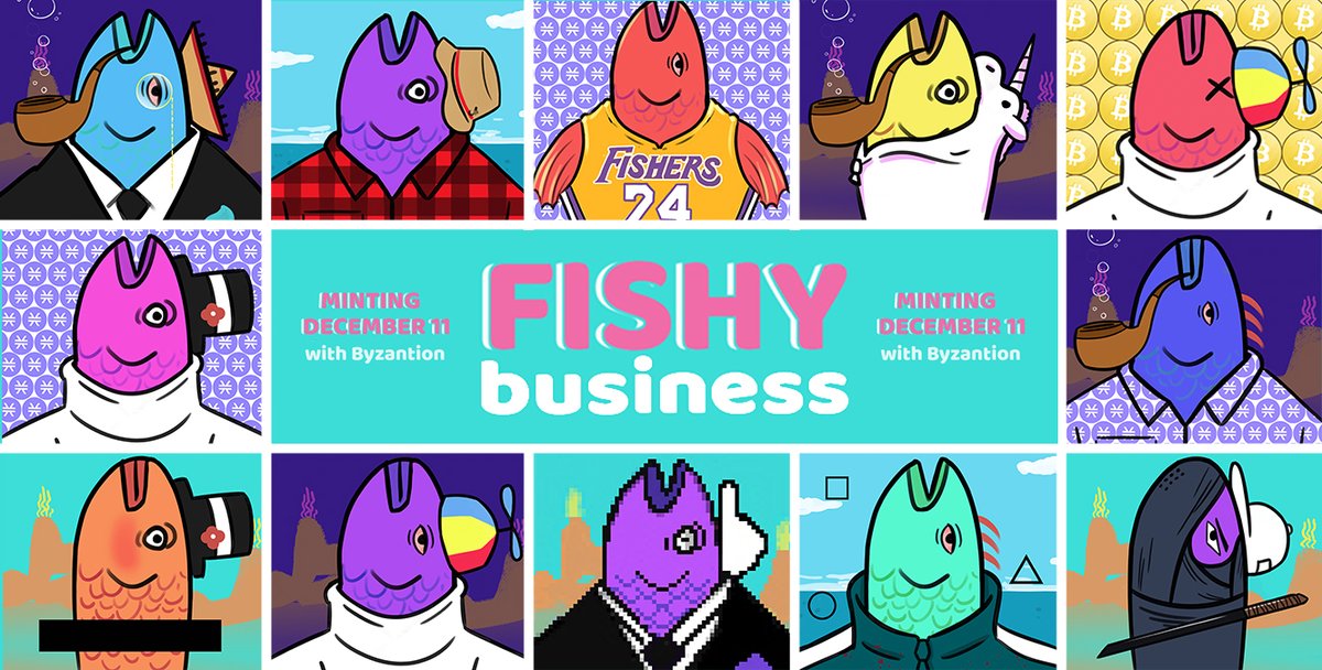 FishybizNFT's tweet photo. Very excited to announce our December 11 Mint date on @byzantion_xyz! 

Each Fishy Business #NFT will be available at a Mint price of 25 $STX, with a total collection size of 800. 

We're so excited to get these into everyone's hands (and AR screens)! Check the Discord for info! https://t.co/u2eRBKkwHK