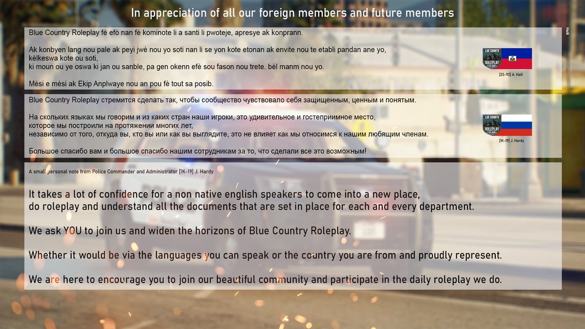 BlueCountry_RP's tweet image. A message from Blue Country Roleplay:
In appreciation of all our foreign members and future members 💙