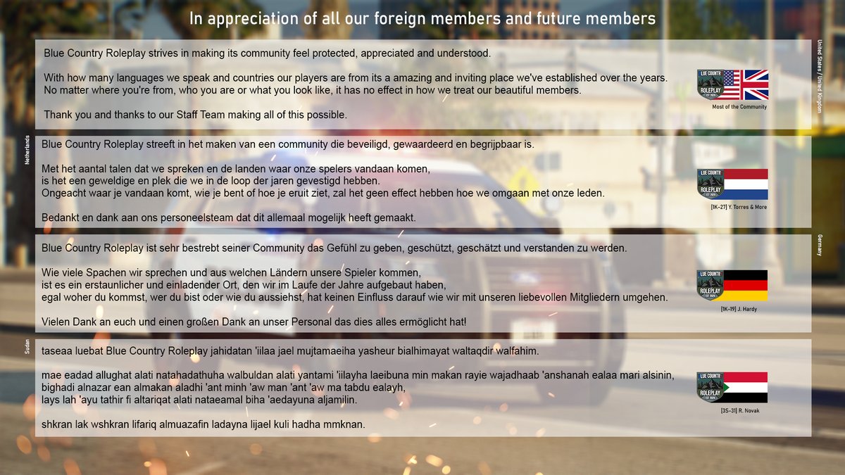 BlueCountry_RP's tweet image. A message from Blue Country Roleplay:
In appreciation of all our foreign members and future members 💙