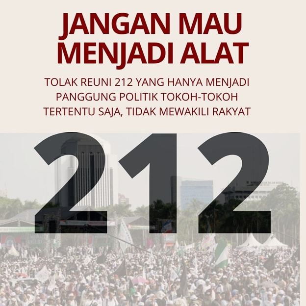 Isu Pe'a 212 merupakan isu sesat yang ingin menyudutkan pemerintah 

Aksi Pe'a 212 bukanlah perjuangan agama, melainkan perjuangan politik, karena selain bertujuan menebar kebencian hanya ingin mengadu domba Pemerintah dengan umat

#BubarkanReuniKadrun212