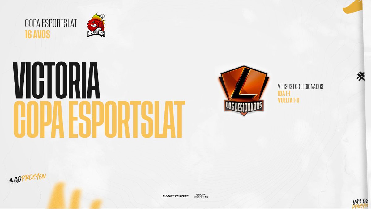 DALE CAMPEOOOOOOOON🥳

Nuestra escuadra logra la victoria ante Los Lesionados con un resultado 1-1 en la ida y 1-0 en la vuelta, haciéndonos pasar a octavos de final🙌

LA COPA SE VA A LA MADRIGUERA

#GoProcyon🦝  #GoHellfish