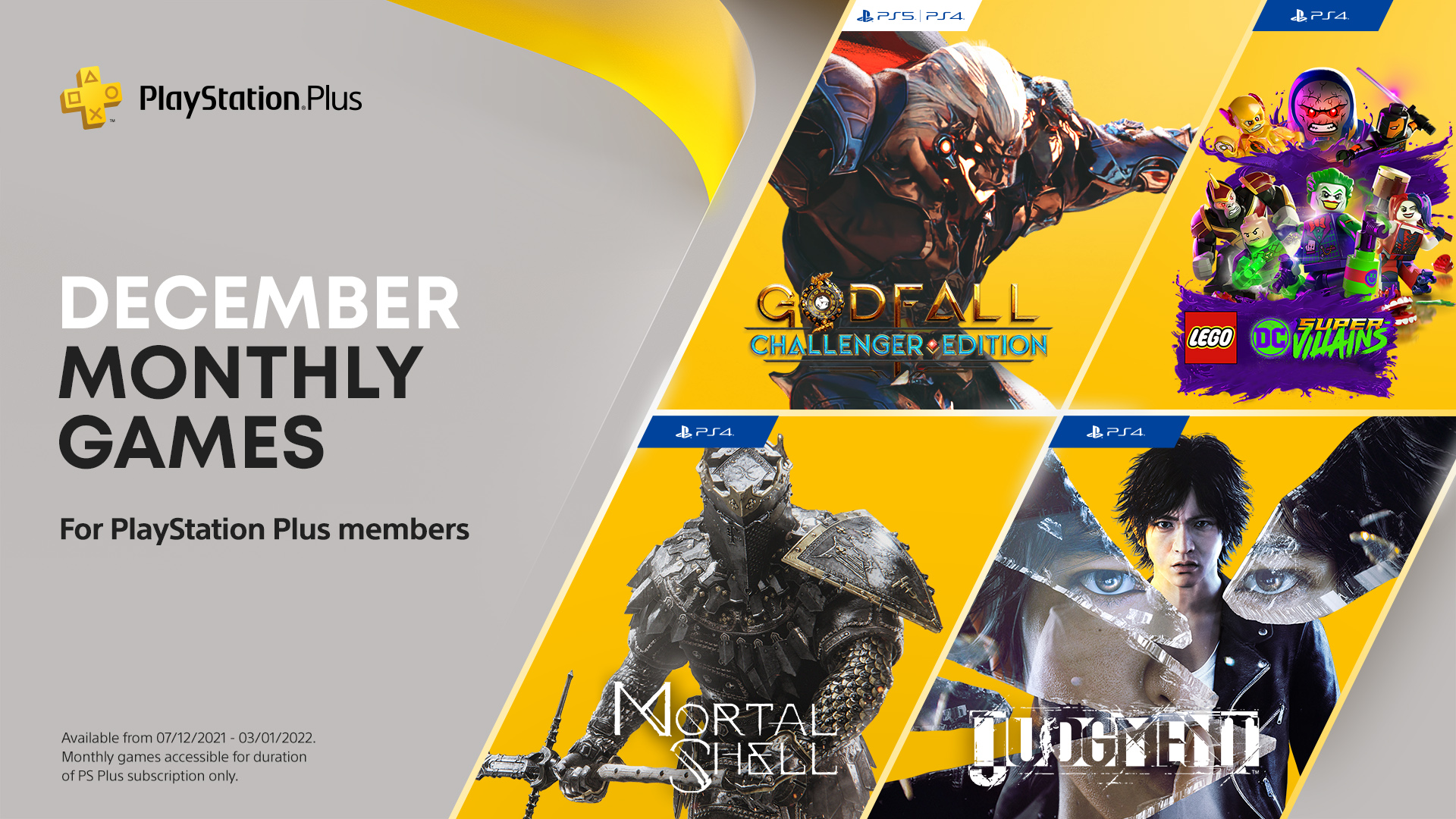 tennis Korrespondance rekruttere PlayStation Asia on Twitter: "Play as hero or become the villain with the  PS Plus games in December! 🎭 🔥 Godfall: Challenger Edition (PS5/PS4) 🗼  Judge Eyes (PS4) 🃏 LEGO DC Super-Villains (