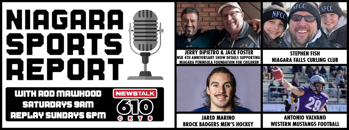 .<a href="/BrockMensHockey/">Brock Men's Hockey</a> Captain Jared Marino <a href="/jaredmarino26/">Jared Marino</a>
<a href="/WesternMustangs/">Western Mustangs</a> FB Antonio Valvano 
Stephen Fish of <a href="/NiagaraCurling/">Niagara Curling</a>
And Jerry DiPietro &amp; Jack Foster on details of the NSR 4th Anniversary Show
ALL this Saturday 9-10 am on the #NiagaraSportsReport