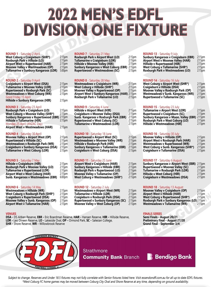 📅 2022 Fixture Release📅

Our Senior men's 2022 <a href="/EDFLfooty/">EDFL</a> fixture has been released and we will kick off the new season against <a href="/HillsideSharks/">Hillside Sharks FC</a> at home.

Round 3 will see us play host to neighbours @CraigieburnFC in our ANZAC Day clash.

#Fixture #NewSeason #AlwaysReady