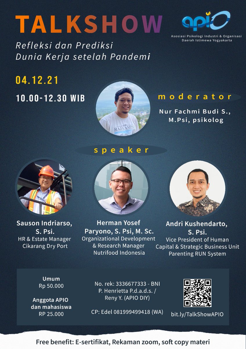hermansbm's tweet photo. Talkshow APIO DIY: Refleksi dan Prediksi Dunia Kerja setelah Pandemi
.
Sabtu, 4 Desember 2021, 10.00-12.30. Pendaftaran: https://t.co/1TjzXnSg1a
.
See you there! 😉 https://t.co/S5dLRXIQ5b