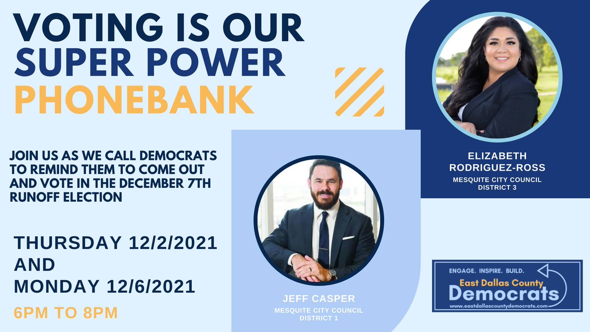 EastDallasDems's tweet photo. We have less than a week to elect a BLUE City Council in Mesquite! We need you to help get out the vote. 

Join us for our Mesquite City Council Runoff Phone Banks on Thurs, Dec 2 &amp; Mon, Dec 6 from 6 to 8 pm at Señor Jalapeño Mexican Restaurant

#LocalElectionsMatter #MesquiteTX https://t.co/fAB0oSy0fJ