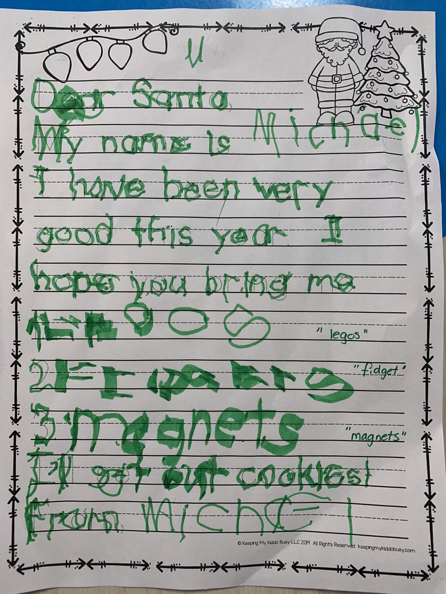MrsAscrazyclass's tweet photo. My sweet kiddos wrote to Santa today! I sure hope their good behavior helps them get their wishes! #santaiscoming #nicelist #oneccps #December1st #writingisfun @OldHundredES https://t.co/hdec6NMBIi