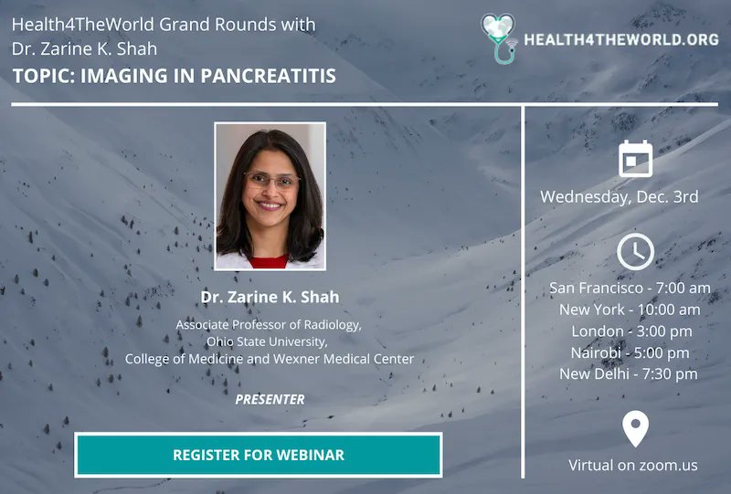 CharityH4TW's tweet photo. Looking forward to Health4theWorld's International Grand Rounds with 
Imaging in Pancreatitis with Dr. Zarine K. Shah. Join us on Friday, December 3rd at 7 AM (PST).   

Register: https://t.co/uxmXMHXnB7

#MedEd @zarineshahMD https://t.co/fAXDvRiHZT