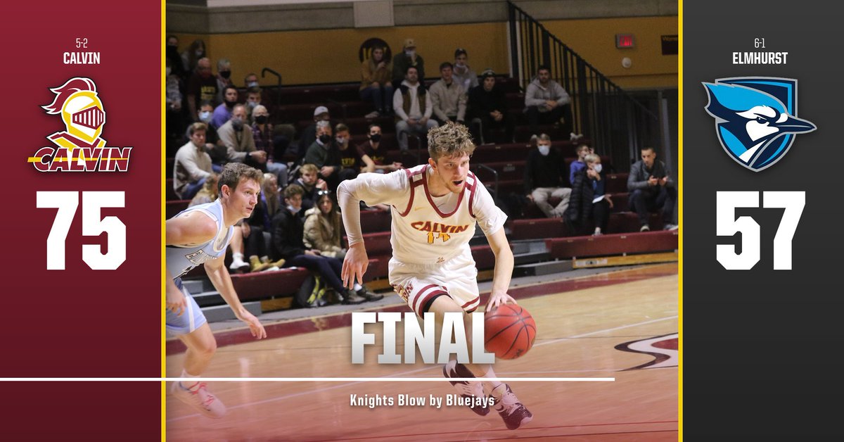 CalvinKnights's tweet photo. Final from Van Noord Arena: @CalvinMensBball 75, #7 Elmhurst 57. Knights pick up first win over a https://t.co/jlVdMyxwCi Top 25 opponent since 2017! Seniors Thad Shymanski &amp; Luke Morrison lead the way with 22 points apiece. Knights improve to 5-2 on the year! #GoCalvin #D3hoops https://t.co/E1COPjIwJ8