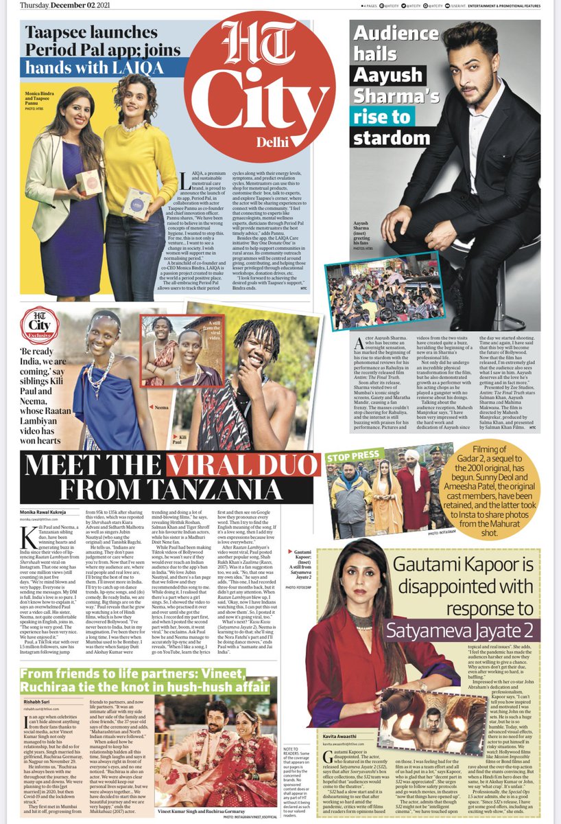 htcity's tweet image. Read all the top news from the world of entertainment and lifestyle in today’s HT City ✨
@taapsee @gautamikapoor1 #AayushSharma #KiliPaul #Neema #Raatanlambiyan @vineetkumar_s 
Click 👉 bit.ly/3Fx7ens