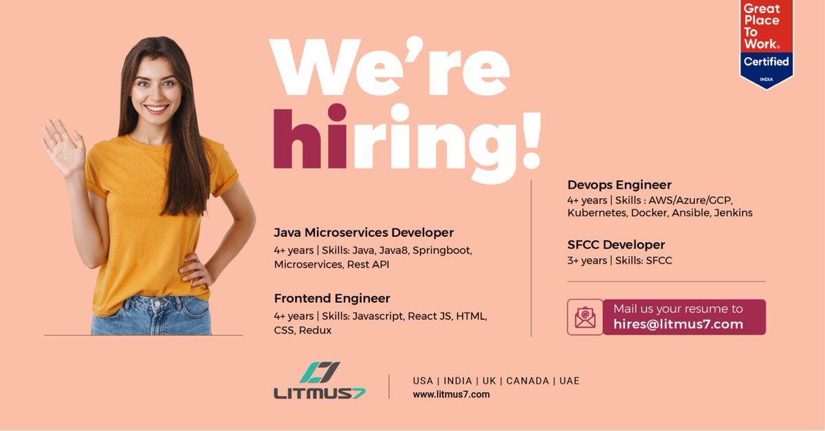 litmus7inc's tweet photo. Litmus7 is now hiring Java Microservices Developers, SFCC Developers, Frontend Engineers & DevOps Engineers to join our team.
Candidates who are are eligible can send their resume to hires@litmus7.com
#HiringNow@ #Careers #Java #Microservices #SFCC #DevOps #FrontendEngineers https://t.co/0lsbfIK7Ni