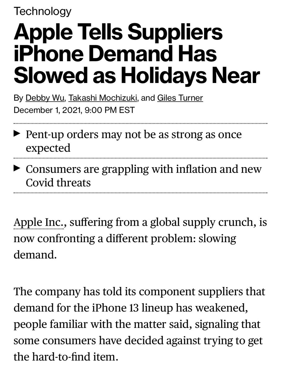 WallStJesus's tweet photo. Apple, suffering from a global supply crunch, is now confronting a different problem: slowing demand. The company has told its component suppliers that demand for the iPhone 13 lineup has weakened. https://t.co/MTxSNAfgqU via @technology https://t.co/GokMdOynSL