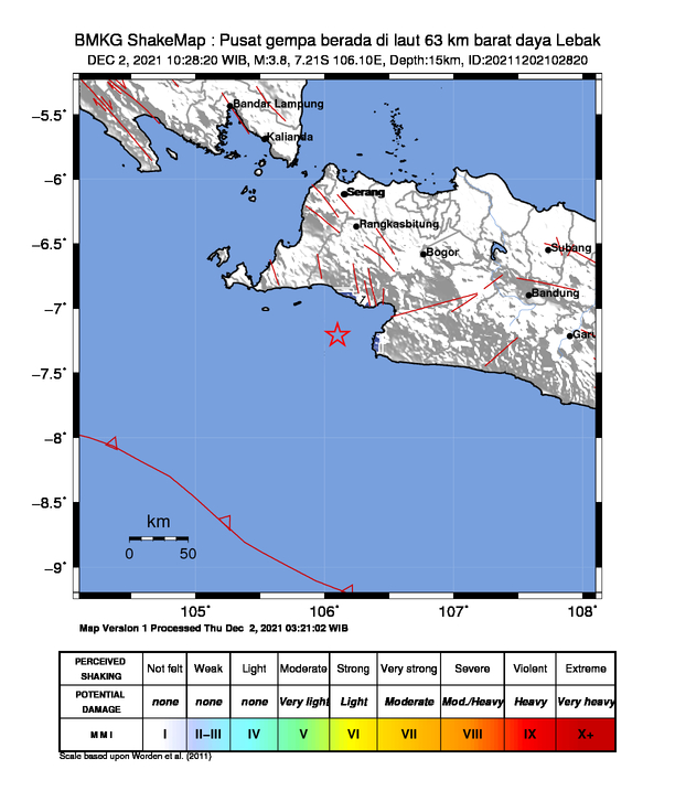 infoBMKG's tweet photo. #Gempa Mag:3.8, 02-Des-21 10:28:20 WIB, Lok:7.21 LS, 106.10 BT (Pusat gempa berada di laut 63 km barat daya Lebak), Kedlmn:15 Km Dirasakan (MMI) I Bayah #BMKG https://t.co/ewzcTaUINi