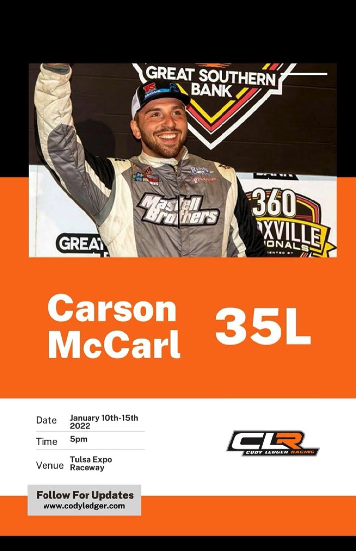 Official CLR Statement:

Due to the accident in September, Cody will not be racing the 2022 Chili Bowl. We are excited to announce that <a href="/CarsonMcCarl/">Carson McCarl Racing</a> will be piloting the 35L in Tulsa, OK on January 15th-20th.