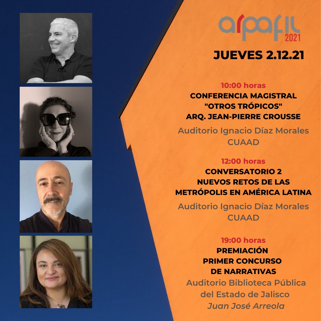 Continuamos mañana con nuestro programa de actividades
Los esperamos en los auditorios del <a href="/CUAAD_UdeG/">CUAAD_UdeG</a>  y <a href="/BiblioJalisco/">Biblioteca Pública del Estado de Jalisco</a>.
Arrancamos a las 10:00 horas con la Conferencia Magistral "Otros trópicos" del arquitecto Jean-Pierre Crousse.