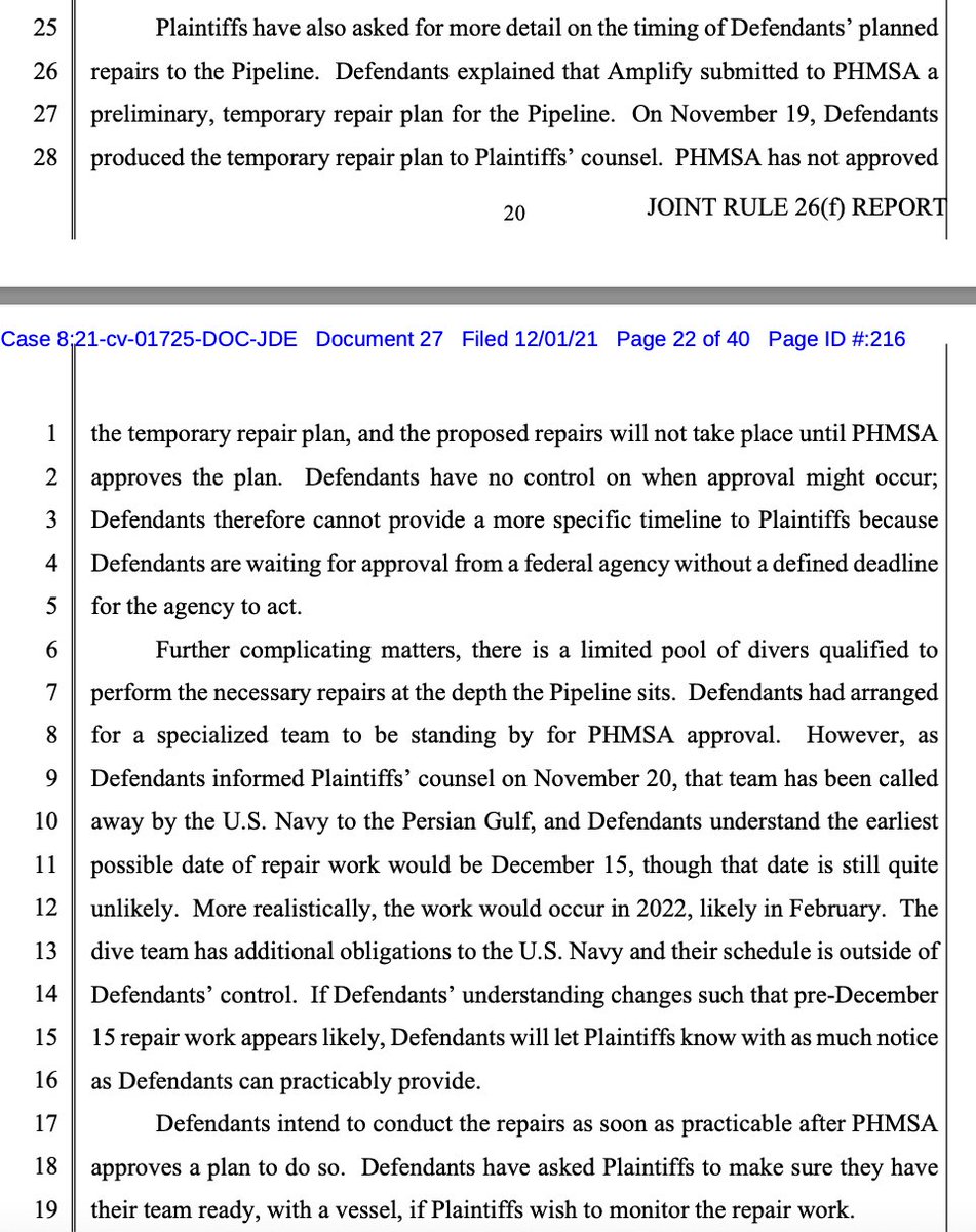 Buried in a new 40-page filing in the Orange County oil spill litigation: A dive team the oil company enlisted to fix the broken pipeline has been called away by <a href="/USNavy/">U.S. Navy</a> to the Persian Gulf, and now repairs won't happen until next February.