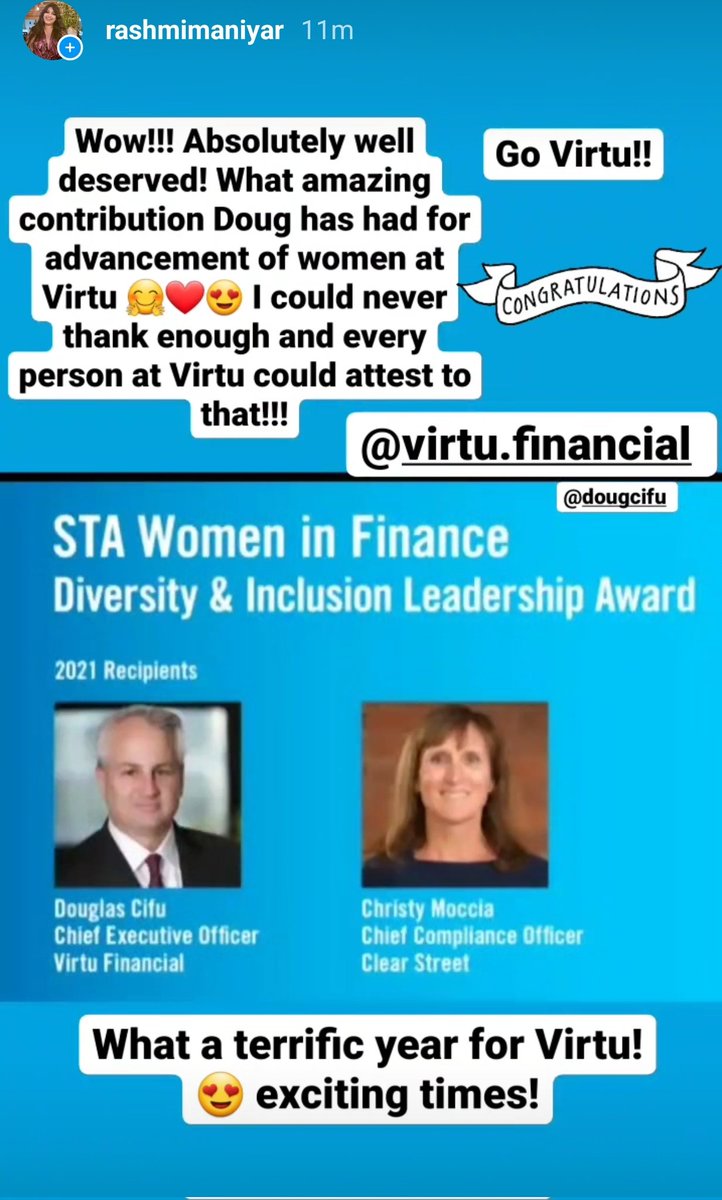 Congratulations @Dougielarge !!! So well deserved! Your deep commitment, effort, honest and inclusive approach to leadership, advocating for women and providing opportunities, you are a true example of leadership and this award is so well deserved!! Go Virtu!!