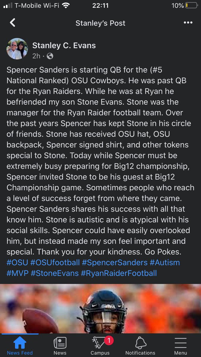 jtpenfield's tweet photo. Saw this story on Facebook. Proud you’re our QB1 @SpenceSanders! Go Pokes! https://t.co/XNLaXnPpgK