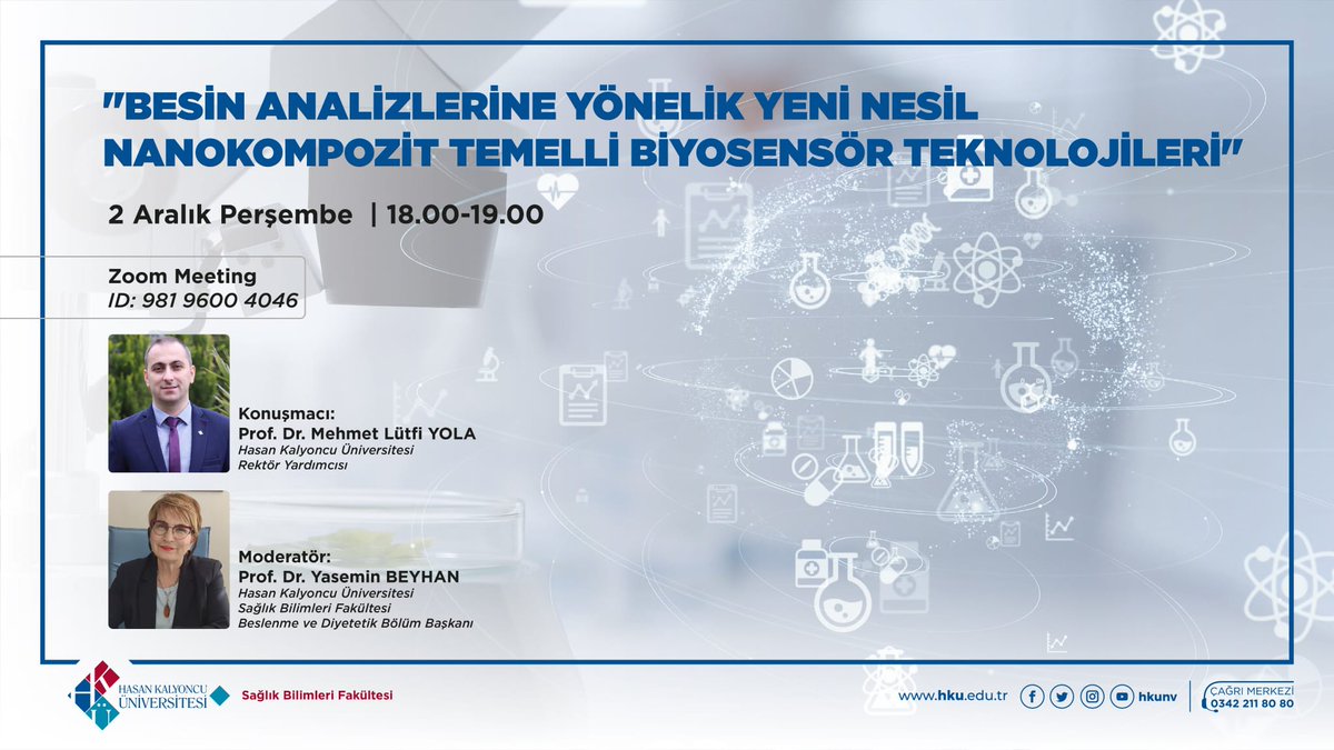 Bugün saat 18:00'de "Besin Analizlerine Yönelik Yeni Nesil Nanokompozit Temelli Biyosensör Teknolojileri" konulu sunumuyla Rektör Yardımcısı ve Beslenme Diyetetik Bölümü öğretim üyesi Prof.Dr Mehmet Lütfi YOLA hocamızı dinlemeye herkesi davet ediyoruz.
<a href="/hkunv/">Hasan Kalyoncu Üniv</a> 
<a href="/TurkayDereli/">Türkay Dereli</a>
