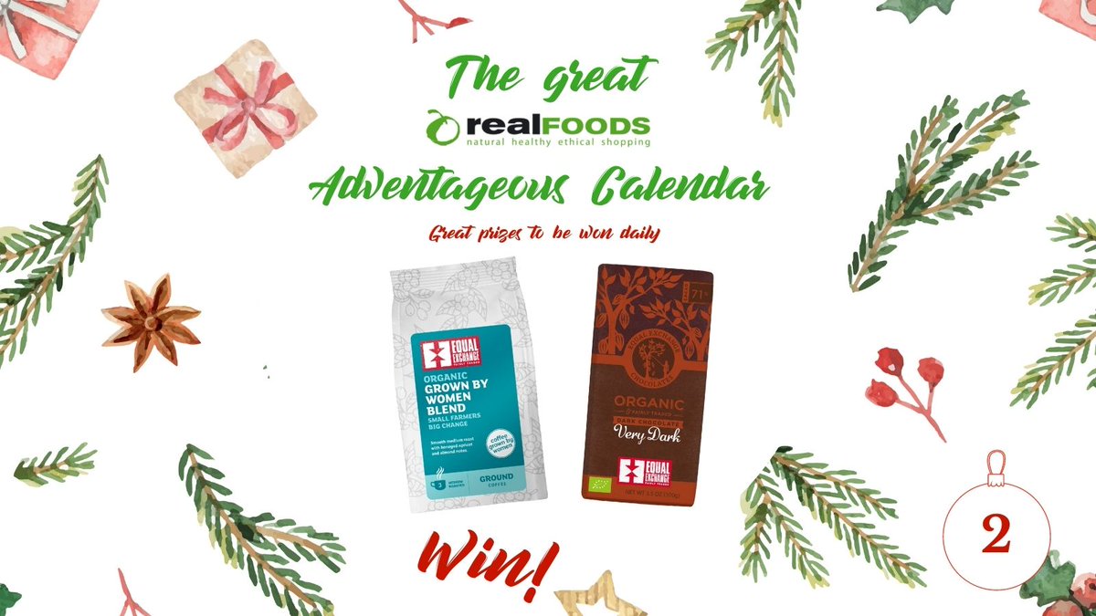 🎄 Real Foods Adventageous Calendar🎄Day 2 - today you could #WIN a delicious <a href="/EqualExchangeUK/">Equal Exchange UK</a> bundle with 1x Womens R&amp;G Coffee &amp; 1x Very Dark Chocolate. Simply follow us both &amp; RT to #enter. #Competition closes midnight tonight 02/12/21. UK Only. Also open on FB &amp; IG. Good Luck!